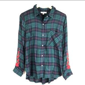 Current air plaid floral embroidered long sleeve